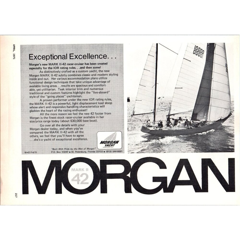 1971 Morgan Mark II-42 Racer Yacht Vintage Print Ad Sailing Live Aboard Wall Art